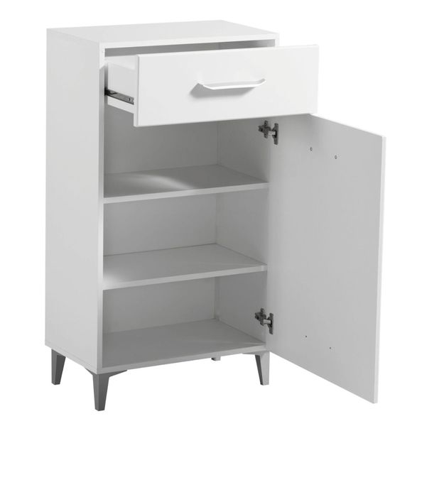 Comoda hol sau baie cu usa + sertar, alb mat + folie lucioasa alba