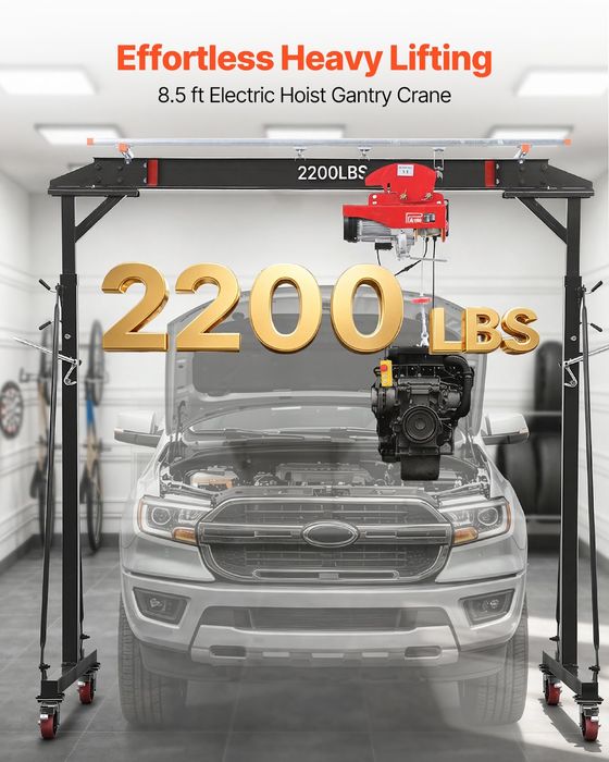 Macara portal reglabila 997,9 kg, inaltime 243-363 cm, cu carucior manual, palan electric, chingi, chei tachelaj si carlig, pentru atelier
