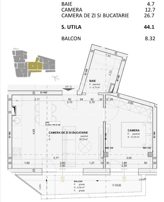 Apartament 2 camere bloc nou, mp 44,1 utili cu 8,32 balcon, zona Centr