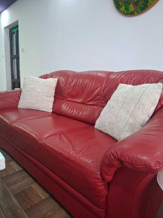 Set Canapele 3-2-1 Piele Naturală Roșie – Extensibilă