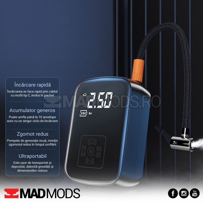 Compresor auto cu acumulator, 150 PSI, Afisaj digital, Lanterna, USB C
