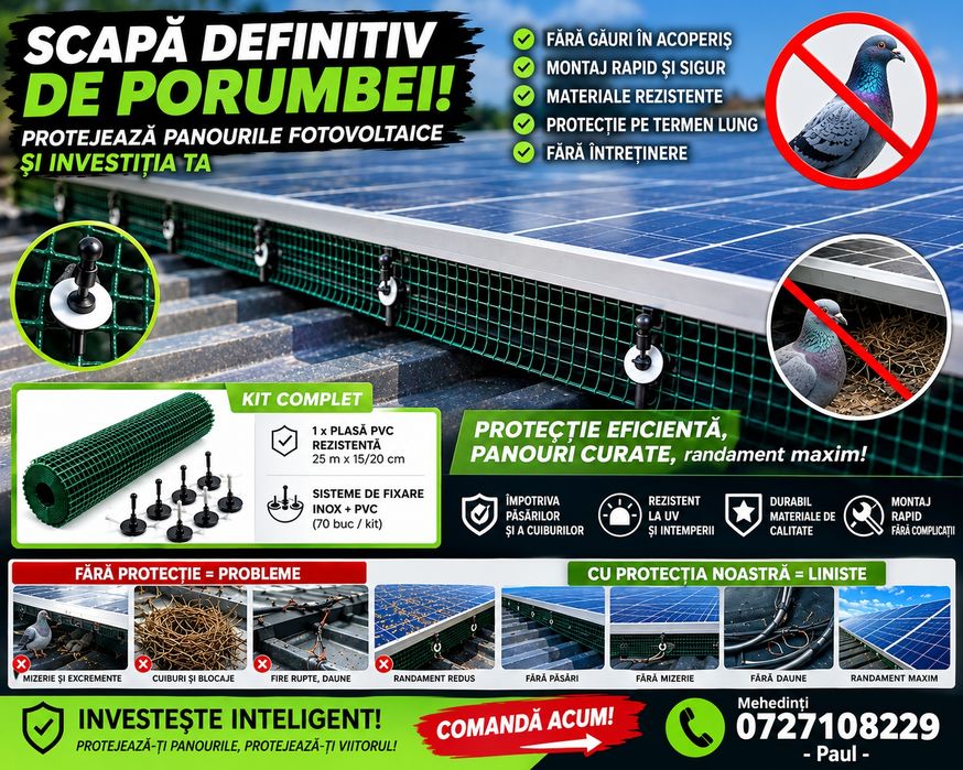 % Plasă Anti Porumbei pentru Panouri Fotovoltaice | La Metru sau Rolă | Kit cu 70 Fixări Aluminiu