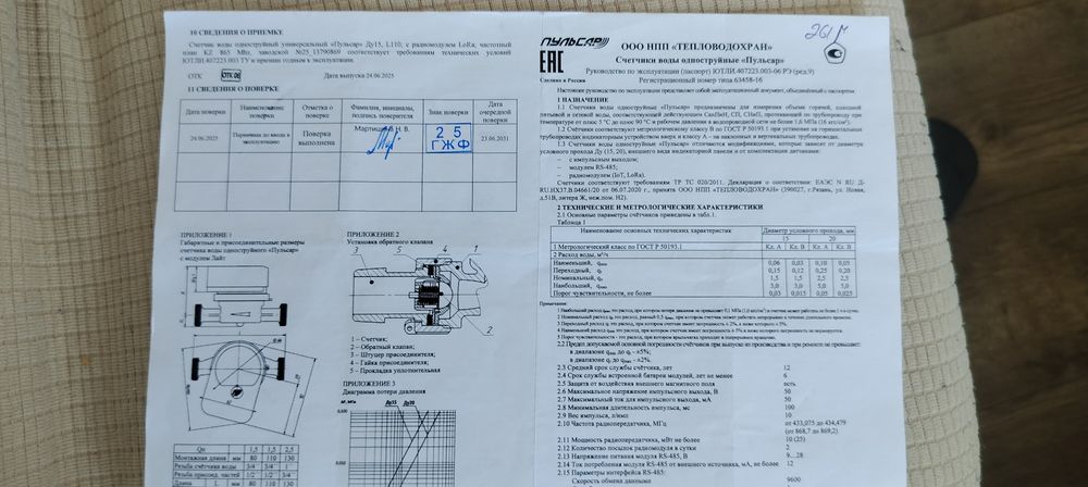 Прибор учета воды,  Пульсар Ду 15. L110.