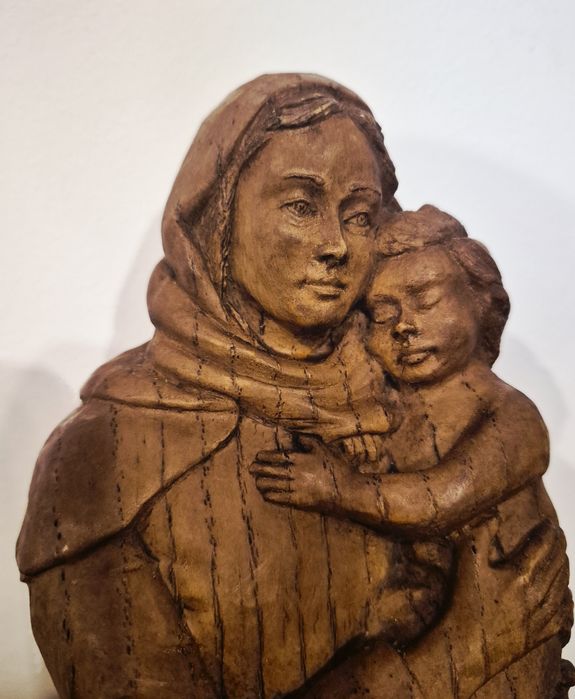 Statuetă vintage din lemn, Fecioara Maria cu Pruncul Iisus, din anul 1960, 35cm înnălțime.