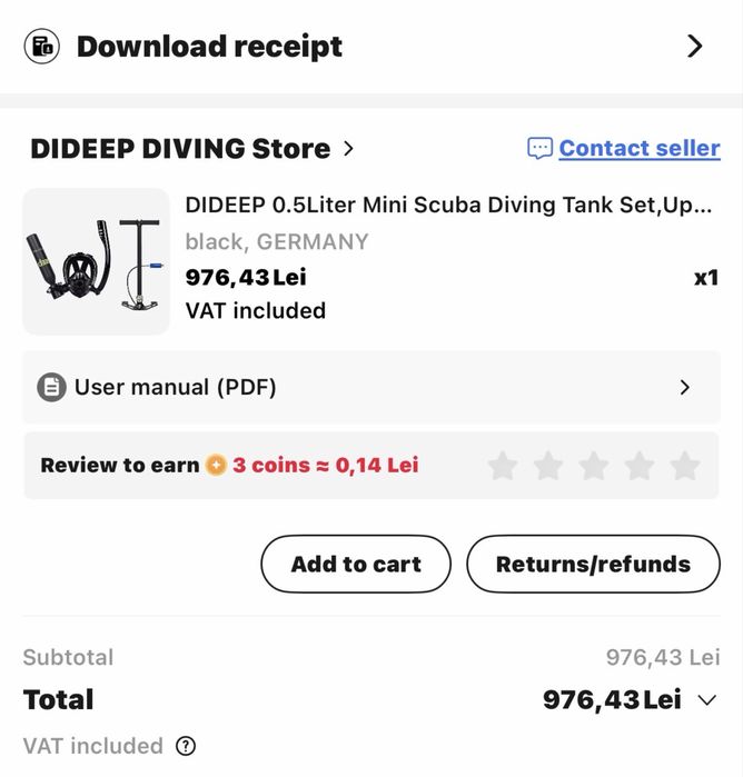 Vand masca scufundari Dideep cu mini butelie de scufundare 0.5l 10-14 minute timp de respirare sub apa