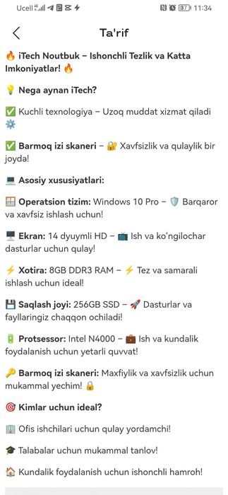 Noutbuk ishlashiga 1 oy garantiya beraman