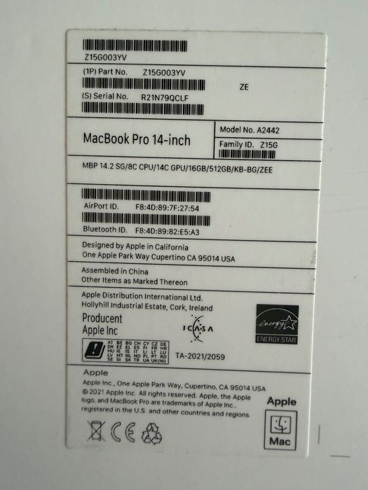 Apple MacBook Pro 14" M1 16GB RAM 512GB SSD