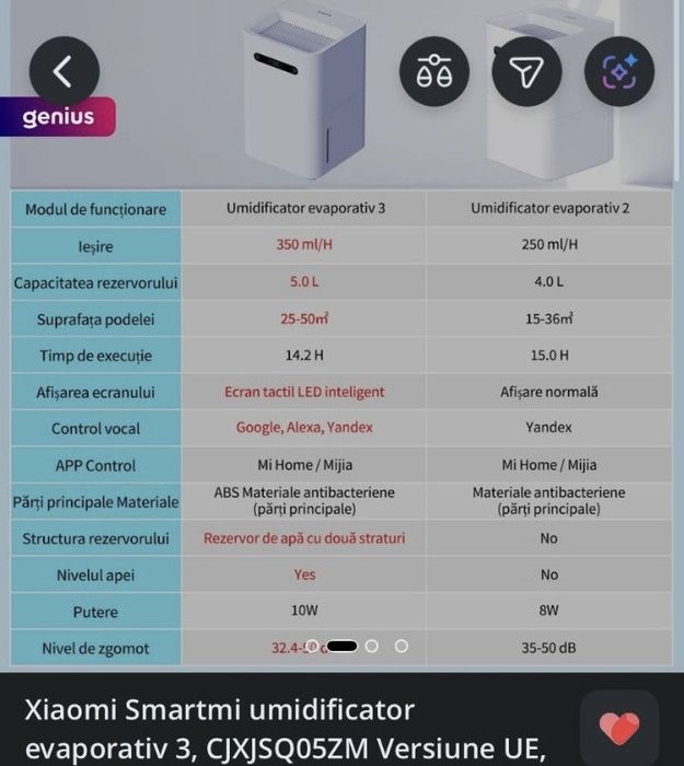 Xiaomi Smartmi umidificator evaporative 3, 5L, 10W, Wi-Fi, Versiune UE