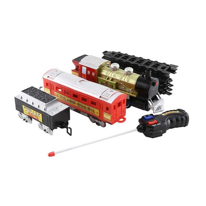 Локомотив Влак с вагони, движещ се по релси + СВЕТЛИНИ и ПУШЕК влакче