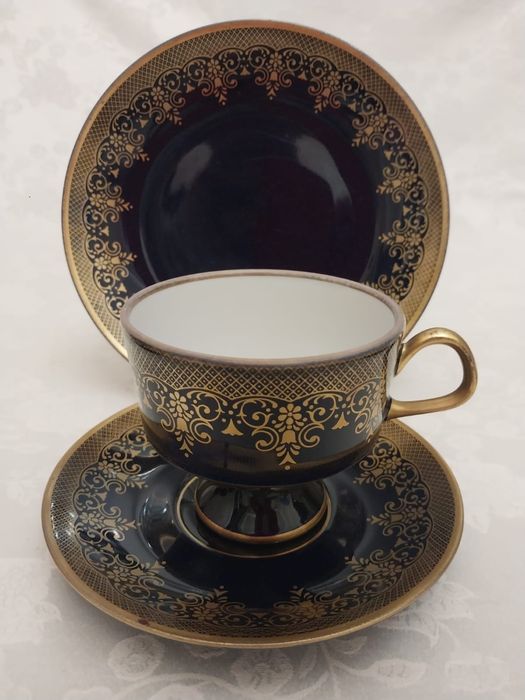 Роскошное чайное трио из фарфора LIGHTE/Германия кобальт золото ГДР