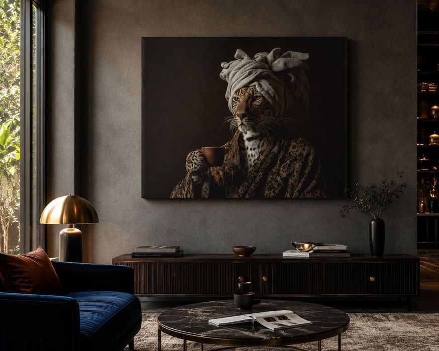 Tablou canvas Dimineața regelui, leopard cu cafea, portret amuzant, 60×45 - 120×90 cm