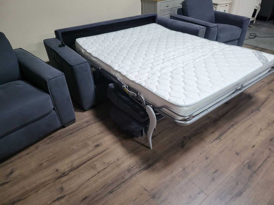 Сив комплект от плат набук диван тройка с функция сън и два фотьойла