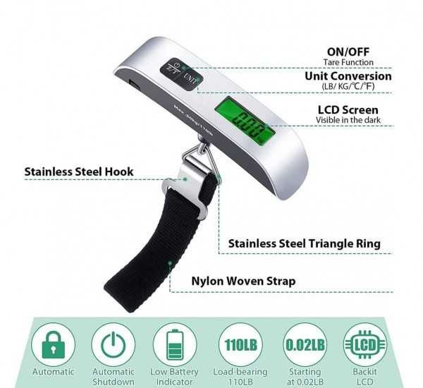 Кантар ръчен за багаж ABC, везна тип каишка, подсветка,електронен,50kg