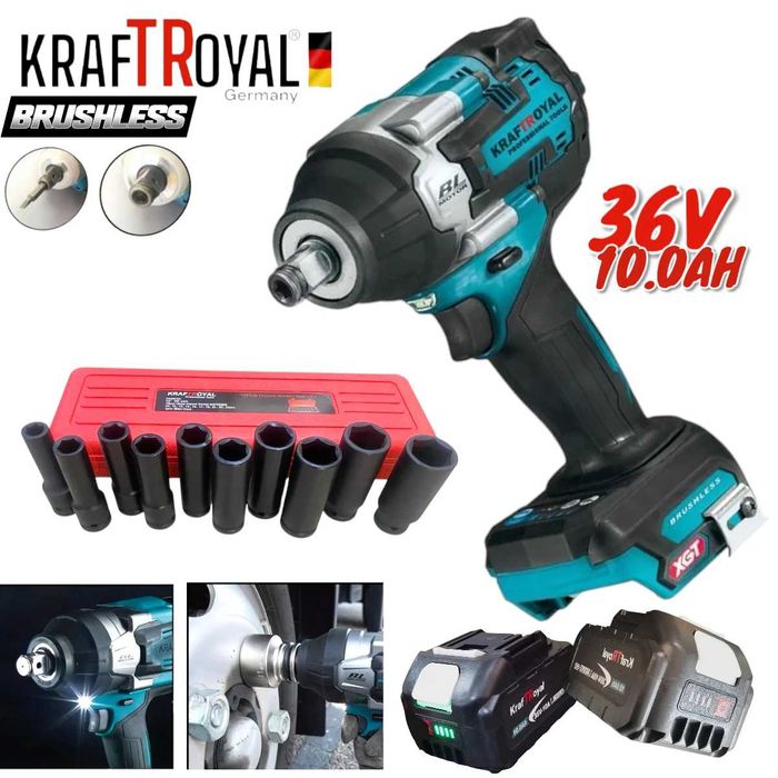 Акумулаторен Гайковерт KRAFTROYAL 36V 10AH + 10 Ударни Вложки 10-24мм