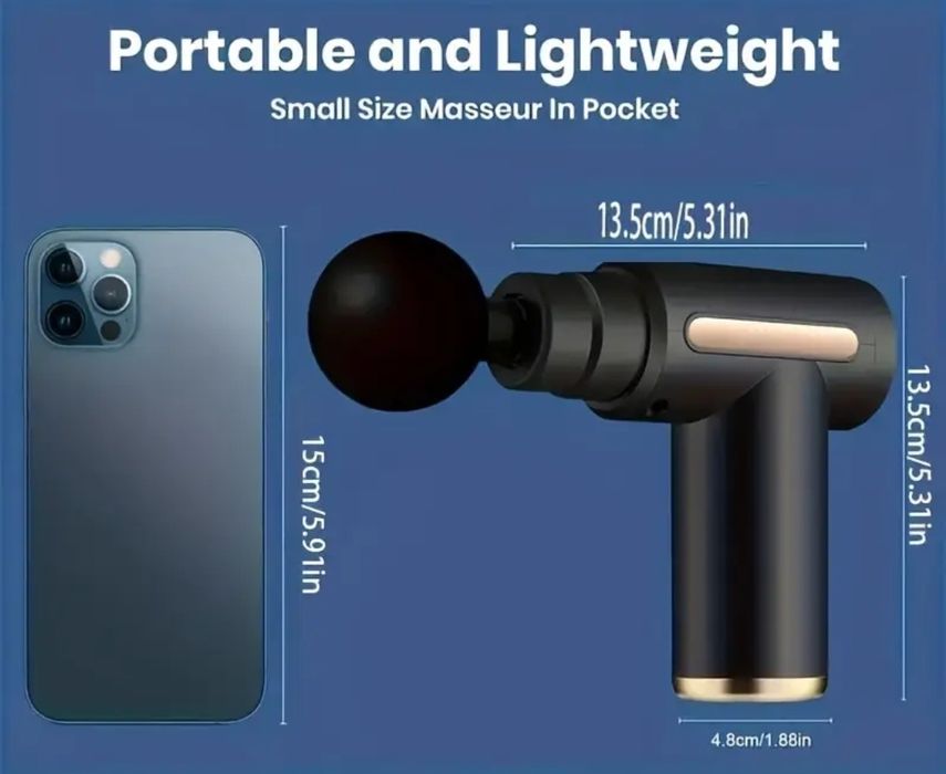 Масажор Безжичен Масажен Пистолет с LED, 4 приставки и 32 Степени