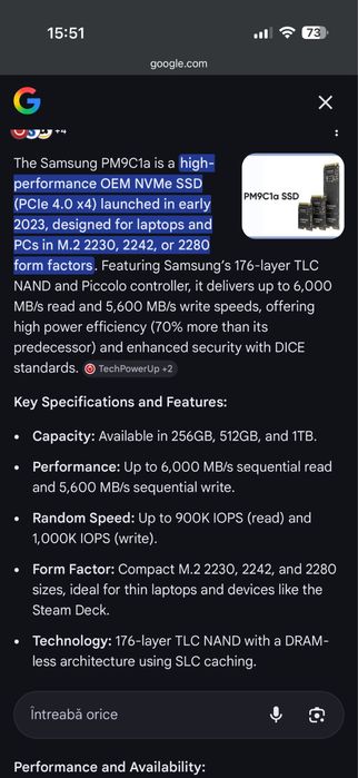 SSD Samsung 512 GB NVMe PCIe 4 x 4 ca noi