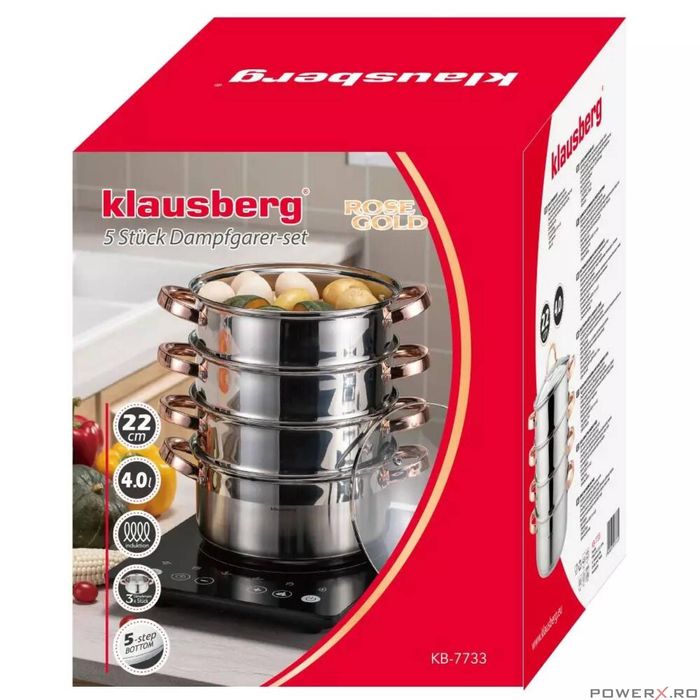 Set de 5 piese, oala pentru fiert cu abur, inox, diametru 22 cm,