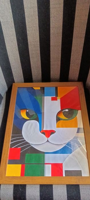 Шикозен Абстрактен Платнен Постер с Котка в Каре - С Рамка, Цветен Гео