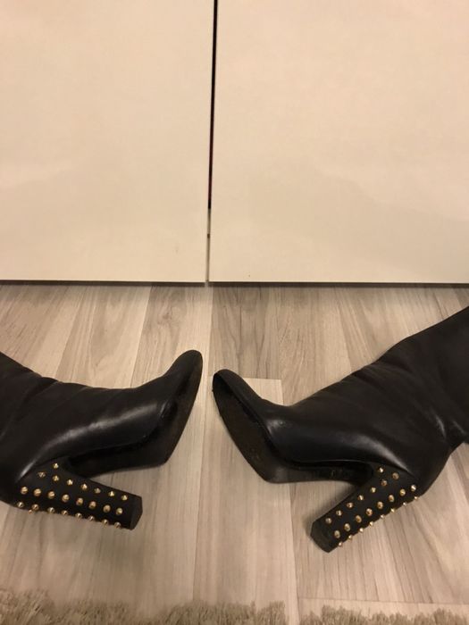 Cizme dama, Gucci, piele, originale, negre, 40, toc cu tinte aurii