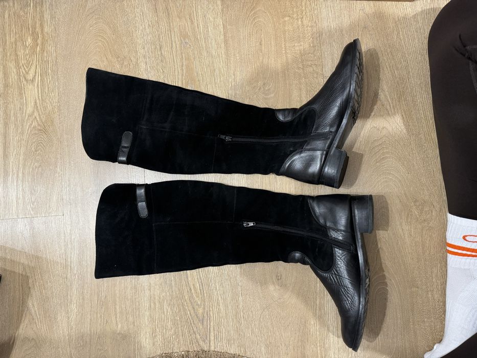 Дамски черни ботуши естествена кожа+велур