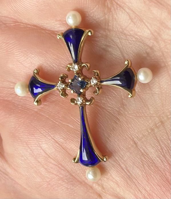 Cruciuliță Faberge, aur 14K, email, diamante