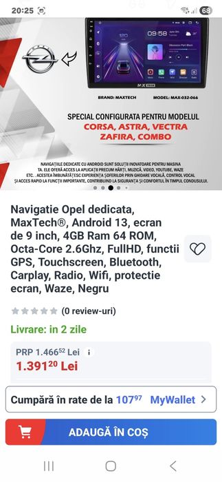Navigatie Opel dedicata, MaxTechR. Android 13. ecran de 9 inch. 4GB Ra