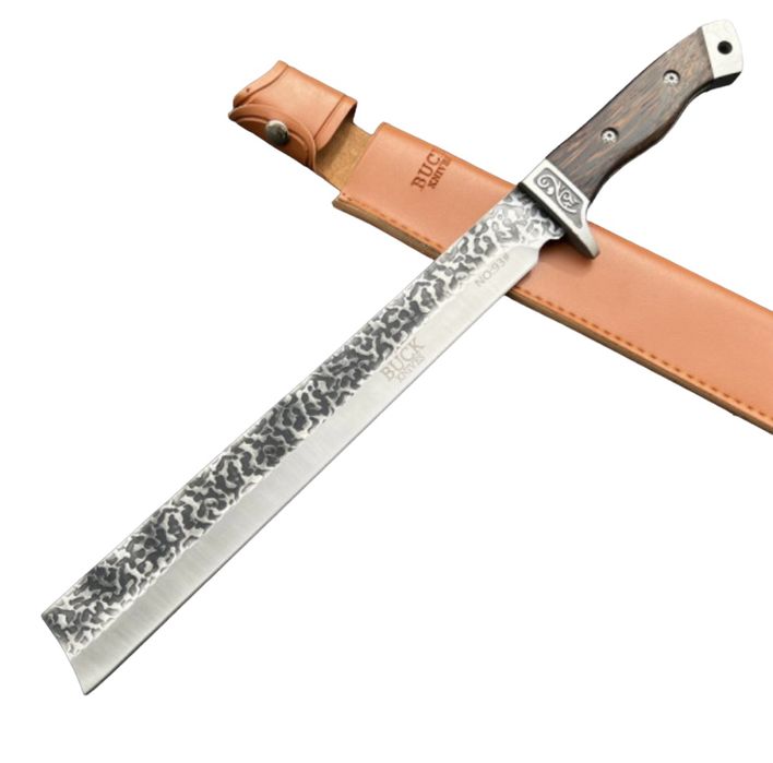 ловен нож с обковано острие и дървена дръжка+кожена кания 42,5см