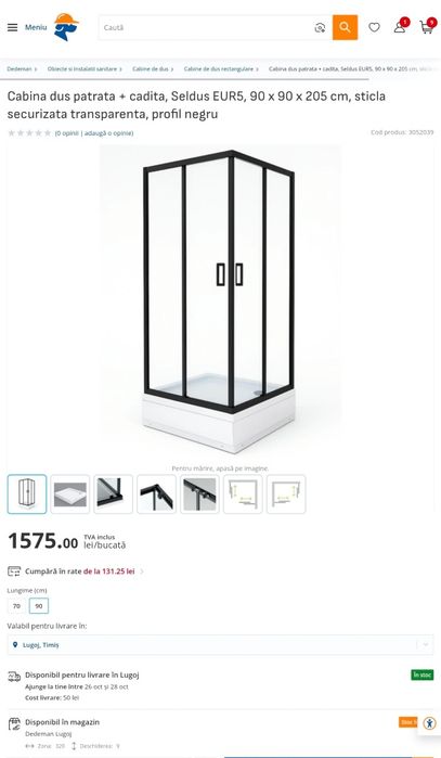 Cabină de duș Seldus EUR5 90×90×205 cm + Cădiță – Sticlă securizată, profil negru – NOUĂ, SIGILATĂ