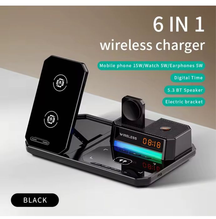 Statie Dock Incarcare Wireless 6 in 1 Pentru Telefon Ceas Casti Afisaj