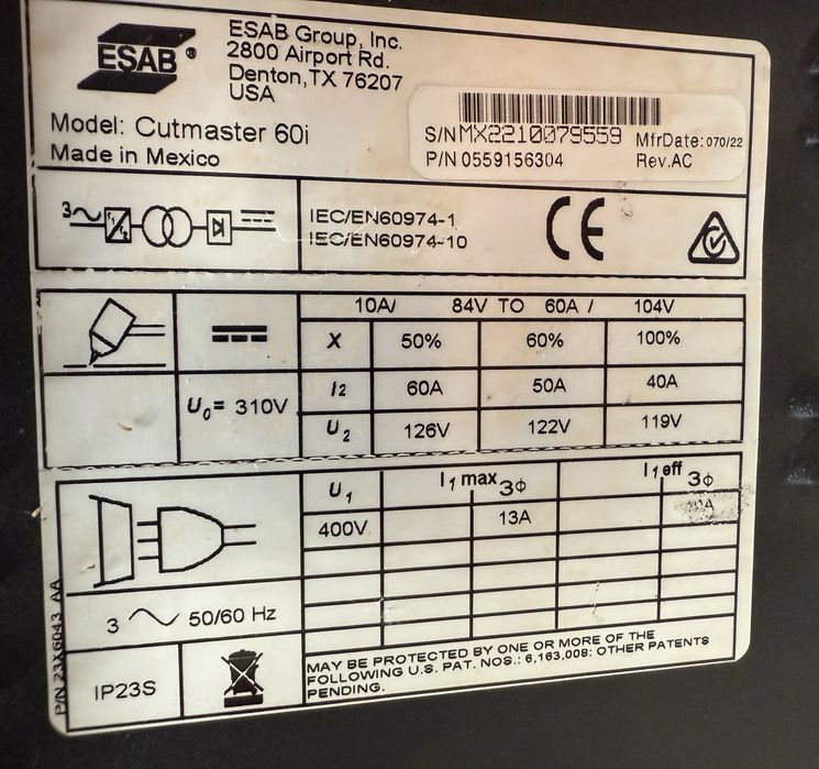 Plasma de debitat metale Esab Cutmaster 60i / 60 amperi / 38 mm taiere