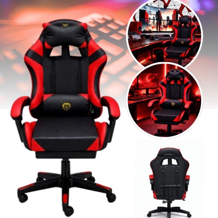 Геймърски стол с масажна лумнал а възглавница и поставка за  крака
