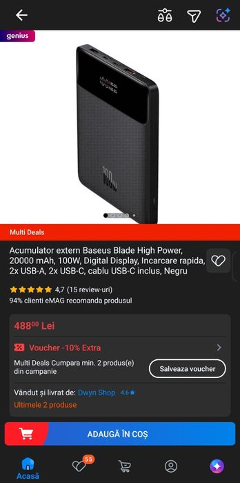 Power bank 20000Mha 100W blade / Profi subțire perfect pt laptop, telefon