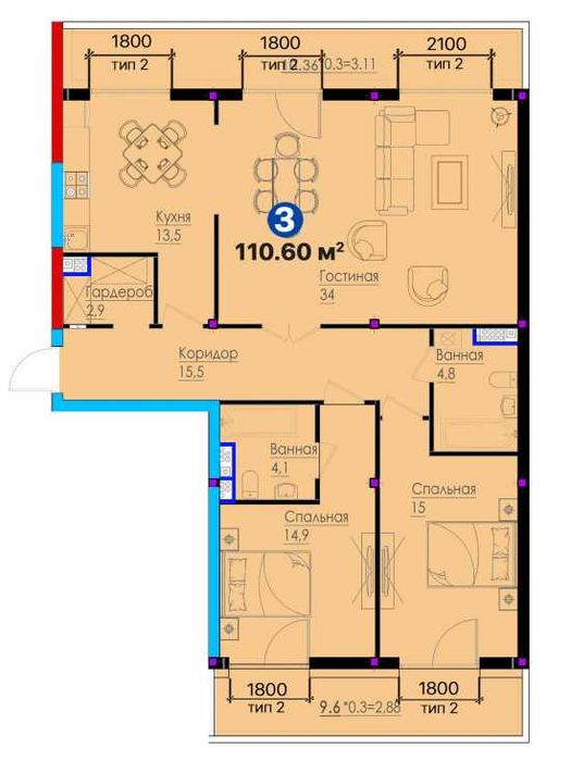 Редкая 3-ком евро 110 м² | VOHA | 5/5 этаж, дом сдан • kw89