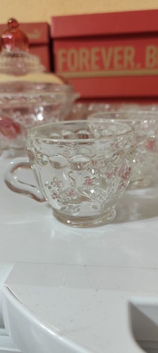 Bol de punch cu set de 12 pahare, cristal roz.