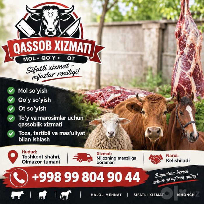 Mol, qo'y va ot so'yish (qassob) xizmatlarini taklif qilaman