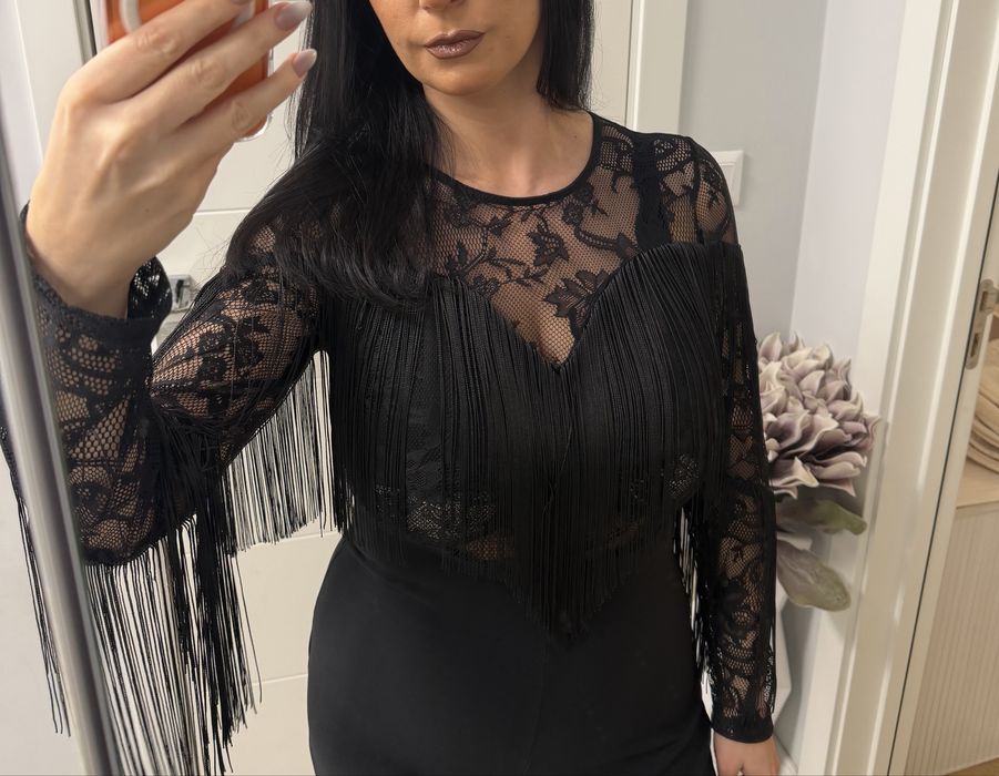 Черен стилен гащеризон с дантела и ресни