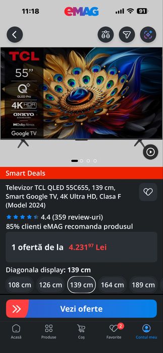 Vand Televizor TCL QLED 55C655, 139 cm, Smart Google