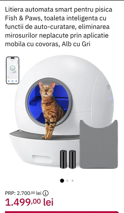 Litiera automata pentru pisica Fish & Paws,  functii de auto-curatare, eliminarea mirosurilor neplacute , aplicatie mobila, la achizitii Alb cu Gri