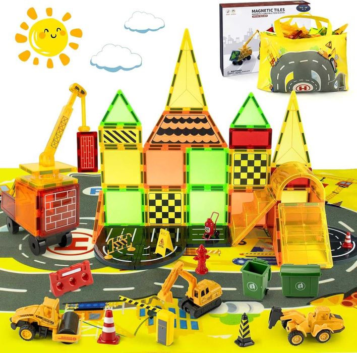 Детски строителни магнитни блокчета пътни части, 3 строителни камиони