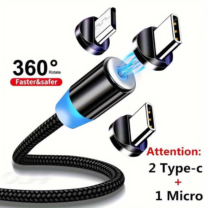 Магнитный кабель 3-в-1 быстрая зарядка iPhone Android Type-C 2м