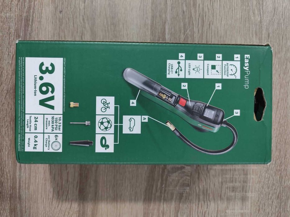 Акумулаторен мини компресор Bosch EasyPump, 3.6 V, 10 л/мин, 10 бара