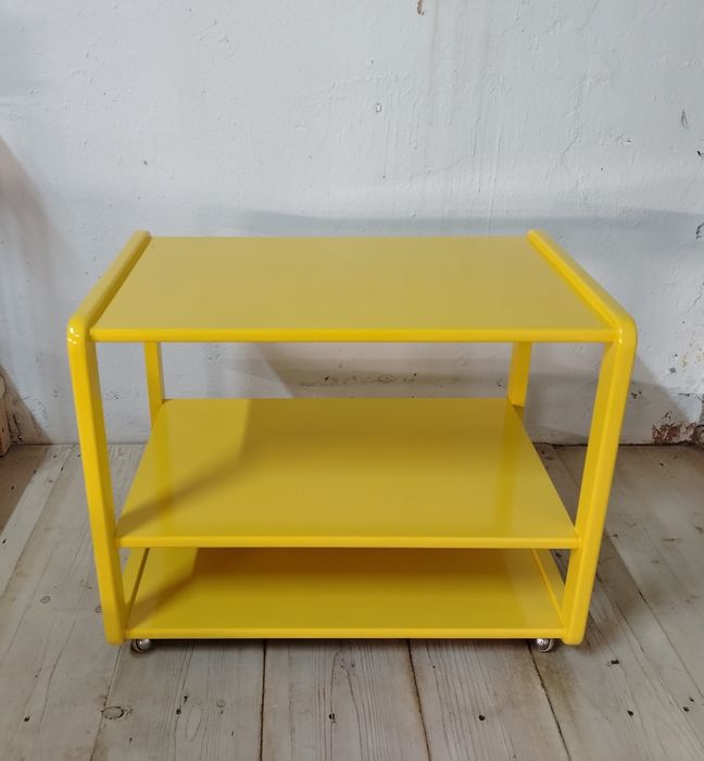 Gheridon vechi din lemn reconditionat, Austria/ Măsuță cu roti