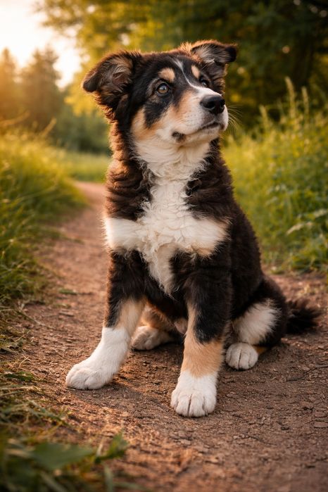 Пристраевается  щенок