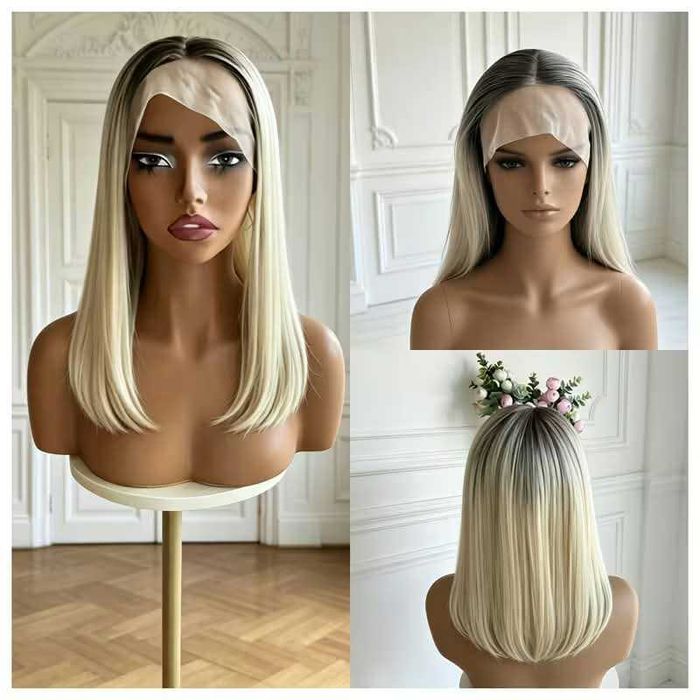Руса права омбре перука с черни корени - 40 см, лейс фронт 13×4 Lace Front