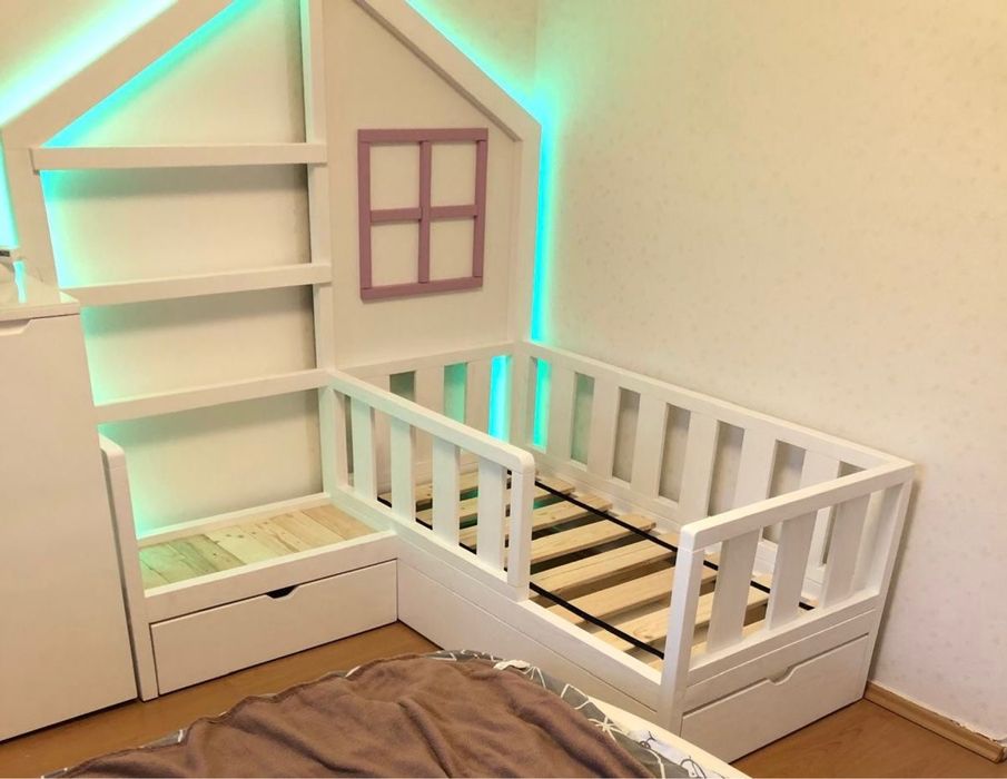 Pat copii montessori leduri cu telecomanda saltea si bancuta incluse