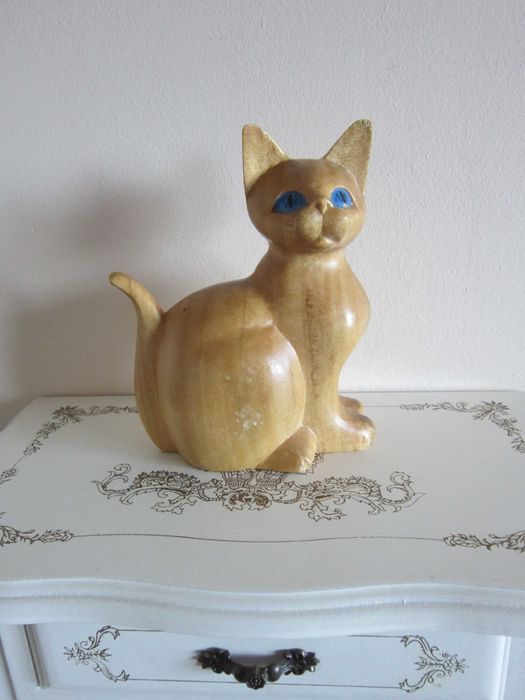 cadou inedit Pisica sculptura lemn Germania 1970