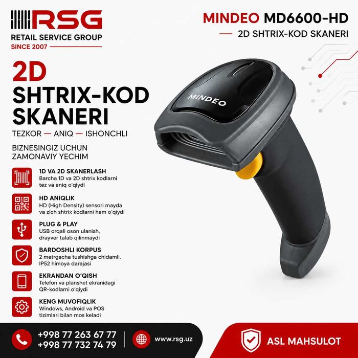 Mindeo MD6600-HD 2D - 1D-2D/QR Code/DataMatrix/Shtrix-kod skaneri