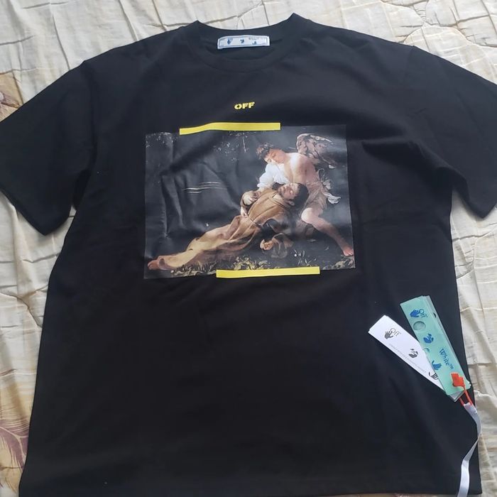 TRICOU OFF WHITE, Caravaggio print, yellow arrows, Negru