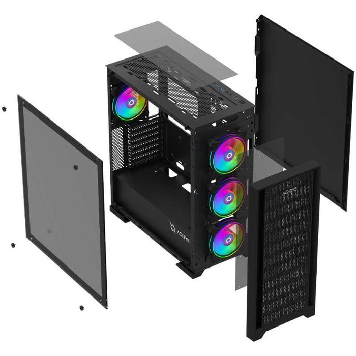 Carcasa PC AQIRYS Avior ARGB Black Mid-Tower / incluse 4 ventilatoare ARGB / Telecomanda / Sticlă securizata / NOUA