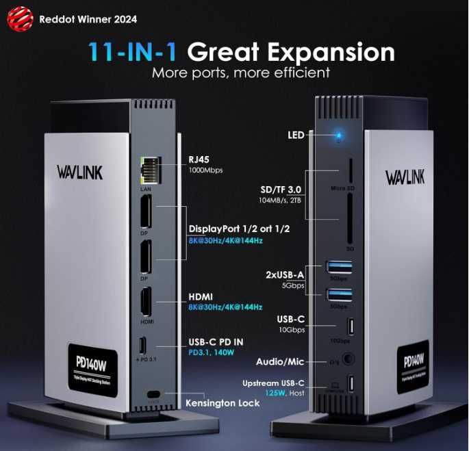 WAVLINK USB C докинг станция 125 W зареждане за лаптоп